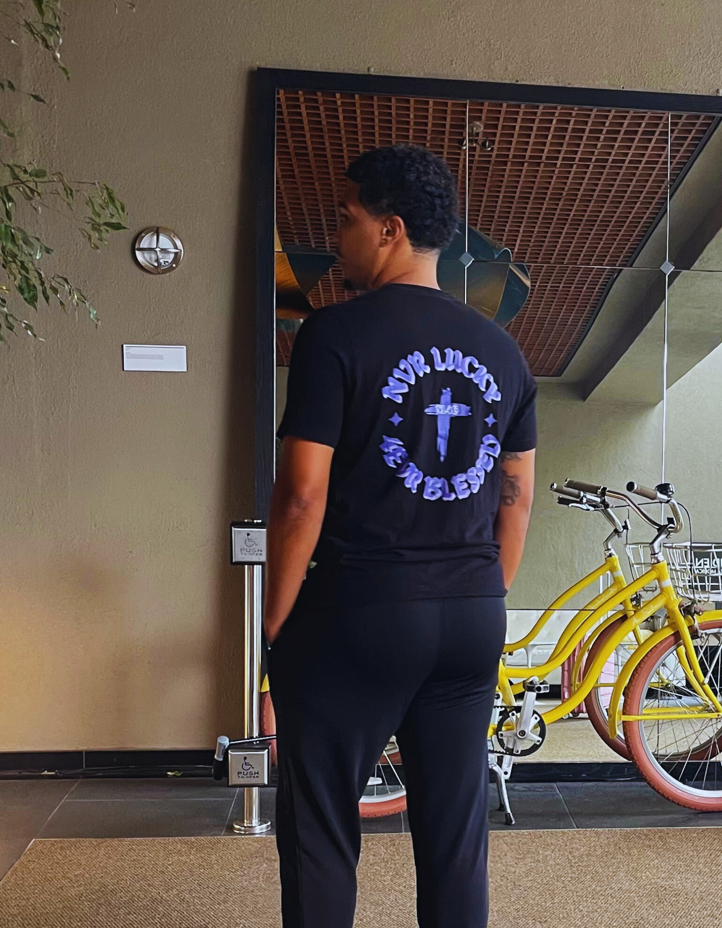 NL4B Stylish T-Shirt Cross On Back (Black Shirt Purple Logo)