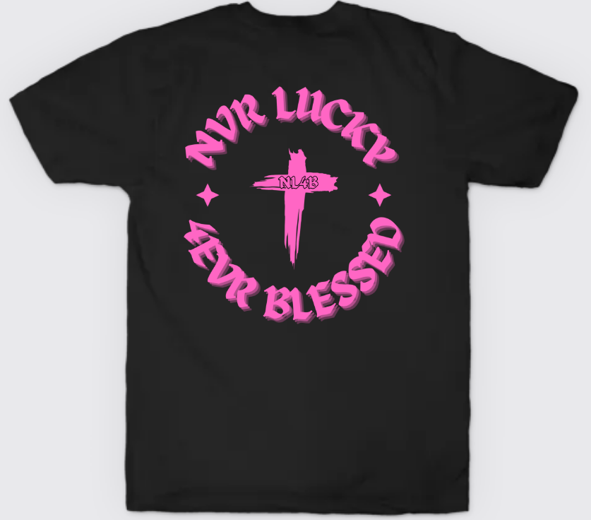 NL4B Stylish T-Shirt Cross On Back (Black Shirt Pink Logo)
