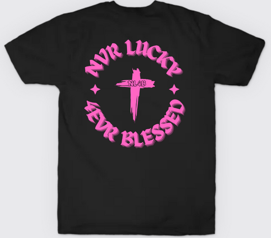 NL4B Stylish T-Shirt Cross On Back (Black Shirt Pink Logo)