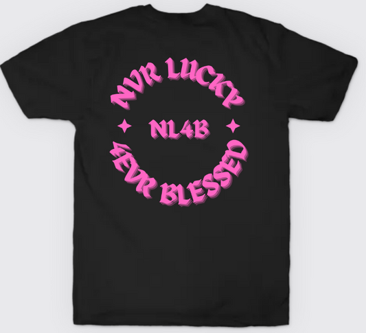 NL4B Stylish T-Shirt Cross On Front (Black Shirt Pink Logo)
