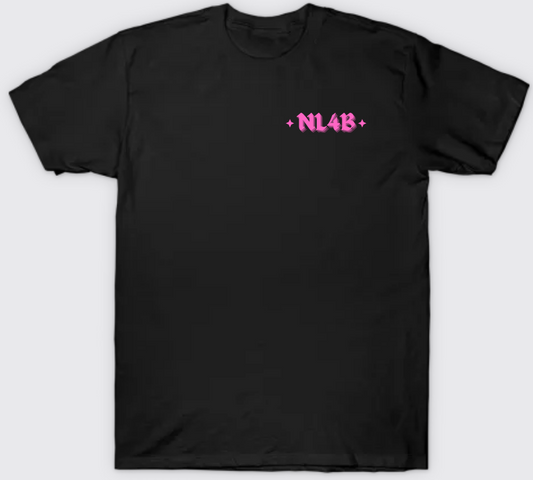 NL4B Stylish T-Shirt Cross On Back (Black Shirt Pink Logo)