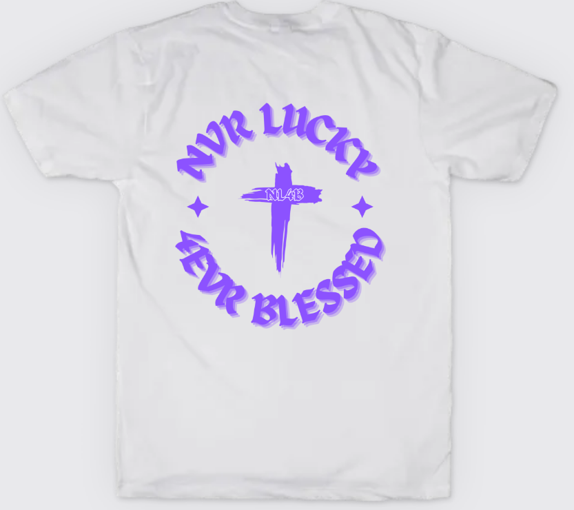 NL4B Stylish T-Shirt Cross On Back (White Shirt Purple Logo)