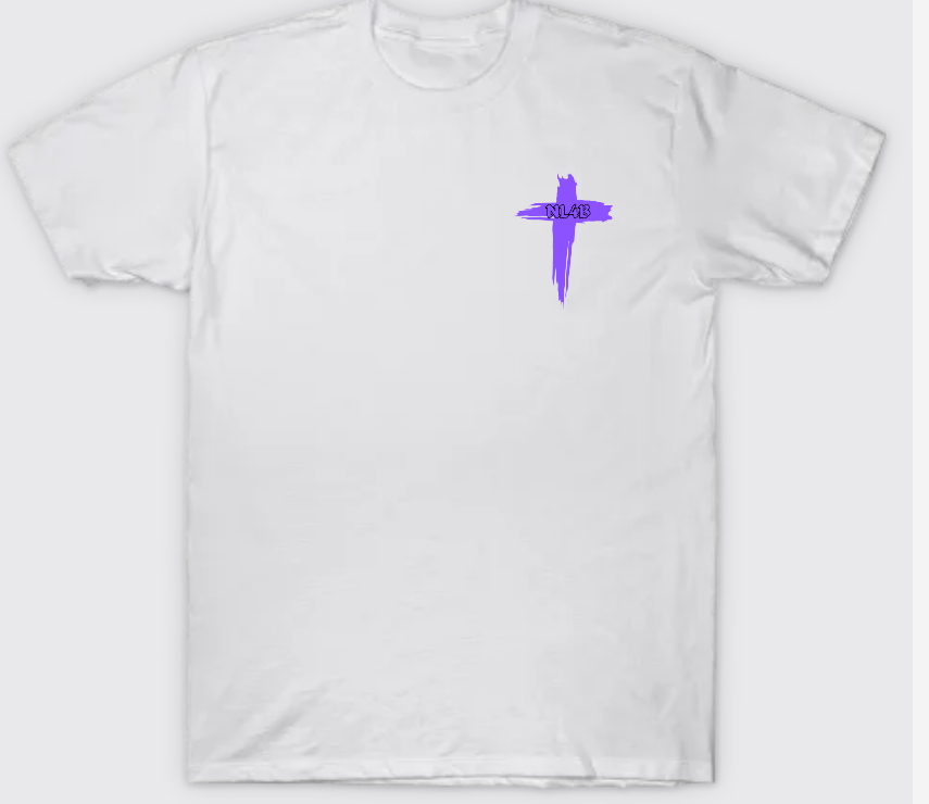 NL4B Stylish T-Shirt Cross On Front (White Shirt Purple Logo)