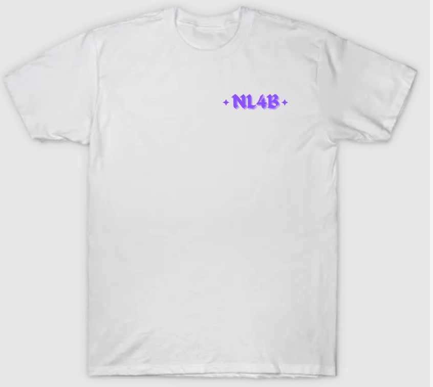 NL4B Stylish T-Shirt Cross On Back (White Shirt Purple Logo)