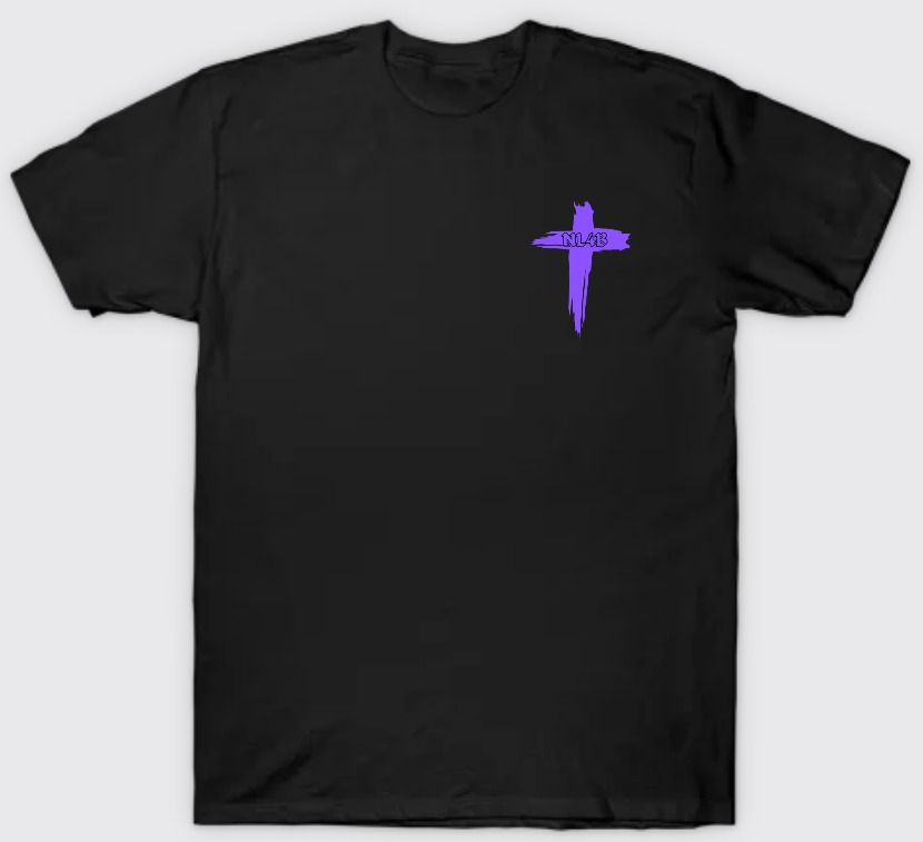 NL4B Stylish T-Shirt Cross On Front (Black Shirt Purple Logo)