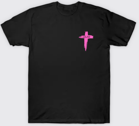 NL4B Stylish T-Shirt Cross On Front (Black Shirt Pink Logo)